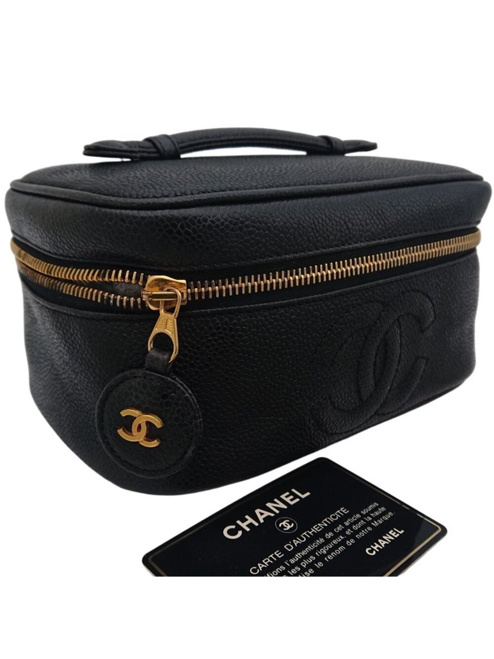 Chanel Vanity Bag Caviar Leather CC Logo Black Gold